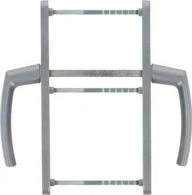 A silver door handle set against a white background.