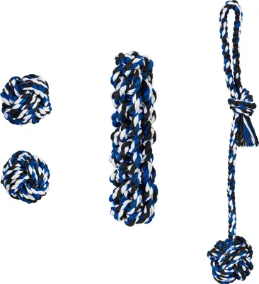 Immagine prodotto di Set di giocattoli per cani Relaxdays, 4 pezzi, nodi e cordoncini, cani di taglia piccola e media, giocattoli da masticare, cotone, multicolore