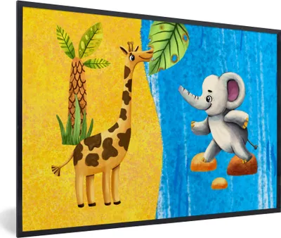 Produktbild von MuchoWow® MuchoWow® Gerahmtes Poster Elefant - Giraffe - Wasser 30x20 cm - Poster mit zchwarzem Bilderrahmen - Kunstdruck - Bild-Poster
