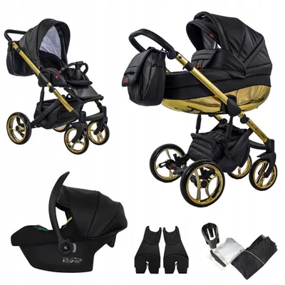 Produktbild von Mommo Aaa 3-in-1 Kombikinderwagen Schwarz-Gold Kunstleder mit Babyschale