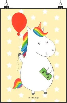 Produktbild von Mr. & Mrs. Panda Poster Einhorn Luftballon DIN A2 - Gelb Pastell - Geschenk, Unicorn, drucke, Kunstdruck, grafikposter, Freundin, Einhörner, Freude, wanddeko, Wandbild