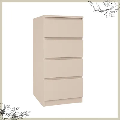 A light beige chest of drawers with four drawers, shown against a white background with decorative floral elements in the corners.