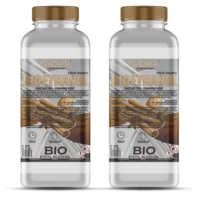 Produktbild von Bioethanol Zimtduft 96,6% 2L für Kamin Universal Rauchfrei Rußfrei GiDeli