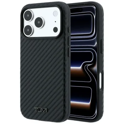 Immagine prodotto di Custodia Tumi per iPhone 17 / 18 Pro Max, compatibile con MagSafe, effetto carbonio, colore nero, design sportivo, con logo