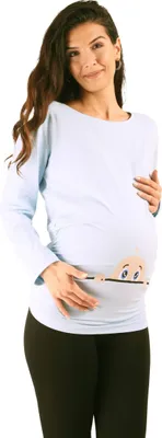 Obrázok produktu pre Tehotenské tričko dlhý rukáv zvedavé bábätko – tehotenské oblečenie dámske, 95 % bavlna, modrá, veľkosť L