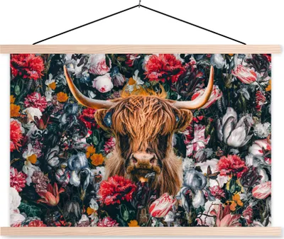Produktbild von MuchoWow® Textilposter Schottisches Hochlandrind - Illustration - Blumen 60x40 cm mit holzfarbenen Rahmen - Bilder
