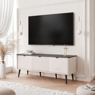 Produktbild von NAVANI TV-Lowboard 130 cm mit geriffelter Front Soft-Close-System Fernsehschrank TV-Schrank Wohnzimmer Medienmöbel modern & elegant Kaschmir + Steingrau