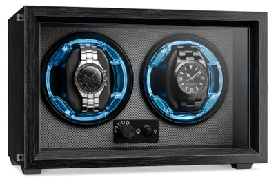 Image de Klarstein Remontoir pour montres automatiques, remontoir de montre automatique pour 2 montres, avec porte en acrylique, LED bleues, remontoir de montre avec 4 réglages TPJ