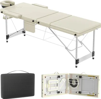 Image de YARDIN table de massage en aluminium pliable et réglable en hauteur avec 3 zones, capacité de charge 230 kg, rembourrage en mousse de 8,5 cm, sac de transport inclus, appui-tête et accoudoirs latéraux (beige)