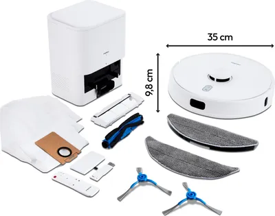 A collection of robot vacuum cleaner accessories and the robot vacuum cleaner itself, laid out on a white background.
