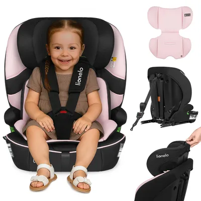 A child is sitting in a pink and black car seat, with additional images showing the car seat's features and components.