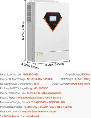 Immagine prodotto di Inverter solare ibrido, onda sinusoidale pura, monitoraggio dell'energia, 6000 W