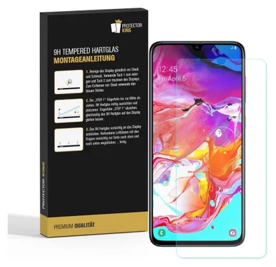 A product box and a smartphone with a screen protector are shown.