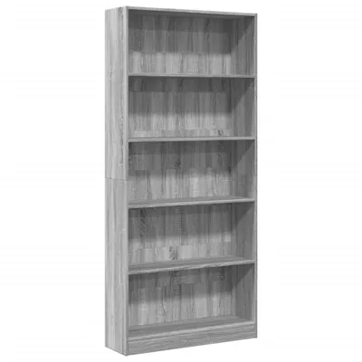 A tall, gray, five-shelf bookshelf against a white background.