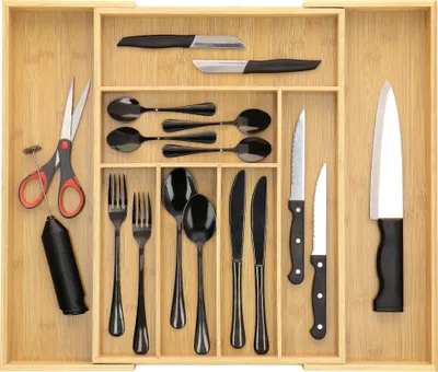 Produktbild von Besteckkasten für Schubladen ausziehbar mit 7 bis 9 Fächern aus Bambus Holz, großer Schubladeneinsatz als Organizer in der Küche, Besteckeinsatz für Schubladen, 50 x 43 x 4.7 cm,