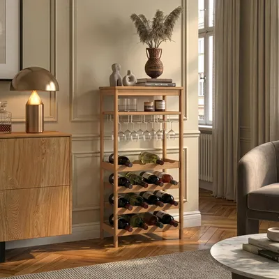 Produktbild von Weinregal 'Fillby' 100 x 47 x 29 cm mit Glashaltern 1 offenes Fach 4 Ebenen für 16 Flaschen Bambus Natur