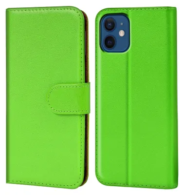 A bright green book-style phone case for an iPhone 12 Mini is shown open and closed, displaying its interior and exterior.