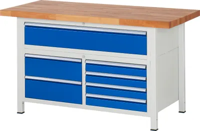Zdjęcie produktu dla Stół warsztatowy 1500x700x840-1040mm 7xSchublade-TA lichtgrau/enzianblau.