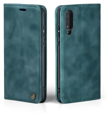 A teal flip-style phone case is shown from two angles, open and closed, against a white background.