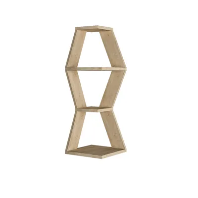 A freestanding shelf unit with a unique geometric design.