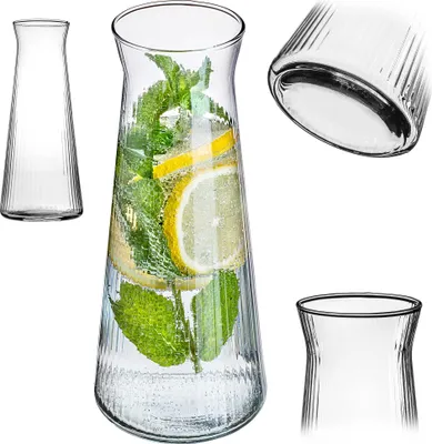 Produktbild von KADAX 1 x Glaskaraffe 1L, Wasserkaraffe aus robustem Glas, Spülmaschinenfeste Getränkekaraffe, Bleifreier Wasserkrug, Karaffe für Wasser, Saft, Limonade, Milch (Modell 2)