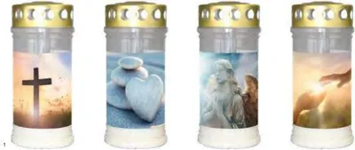 Produktbild von Grablichter mit Motive, 12er Set sortiert, Brenndauer 4 Tage