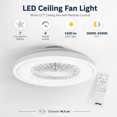 Image de Ventilateur de plafond LED avec lumière - ZVP6 - 48,5 cm - 30 W (LED) - Moteur DC 20 W - Télécommande - 6 vitesses - Blanc
