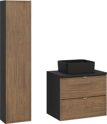 Produktbild von Badmöbel-Set 2-teilig mit 60 cm Waschtisch und Hochschrank in Eiche und schwarz - TARSIA-56