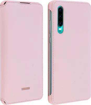 A pink book-style phone case shown from the front and side, with a phone inside.