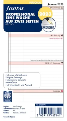 Produktbild von Filofax Kalendereinlage Personal 95 x 171 mm : Professional Eine Woche auf zwei Seiten 2023 deutsch