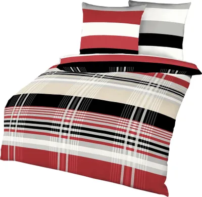 Produktbild von Kaeppel Biber-Bettwäsche Prime Time 240 x 220 cm, Farben Rot ,Schwarz mit Streifen