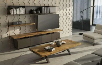 Produktbild von Holz Wohnwand Couchtisch Moderne Wohnzimmermöbel Schwarz TV Sideboard