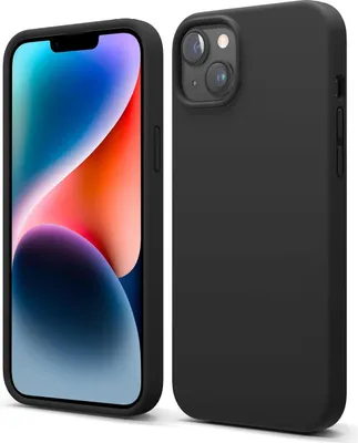 A black iPhone case is shown next to an iPhone with a colorful wallpaper.