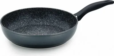 A black frying pan with a speckled interior and a black handle, shown against a white background.