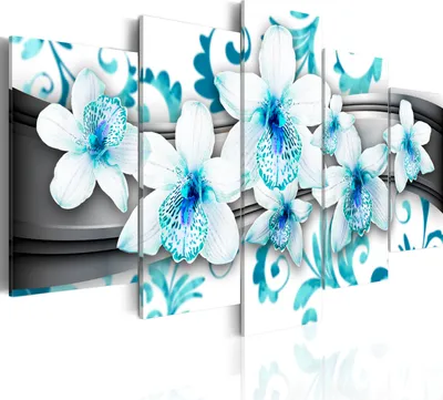 Image de Toiles imprimées Fleurs 200 x 100 cm Toile imprimée 5 pièces Impression artistique moderne Tableaux muraux XXL Décoration murale Design Tableau mural - Orchidée Ornement Abstrait bleu gris blanc 020110-136