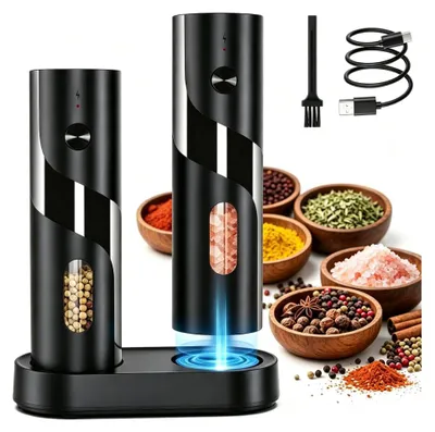 Salz- und Pfeffermühlen Set 2er, elektrisch, USB, 4 Mahlgrade, LED