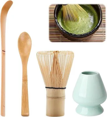 Produktbild von Matcha Zubehör Set 4-teilig mit Löffel und Schaber, Bambus, Schnee