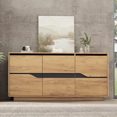 Produktbild von okwish Sideboard mit Viel Stauraum, grifflose Fächer, Wohnzimmerschrank mit 3 Türen und verstellbaren Trennwänden, Eiche