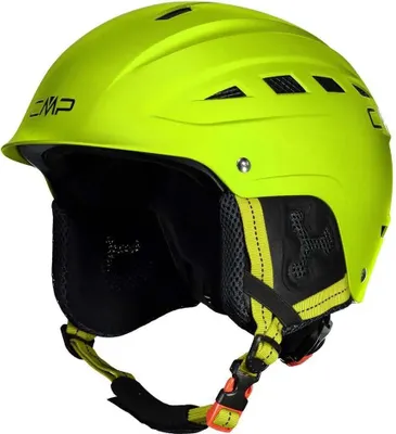 A bright yellow ski helmet shown from a side-angle against a white background.