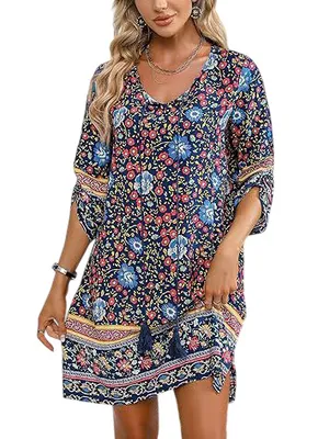 Produktbild von ASKSA Damen Bohemian Tunika Kleid Strandkleid Sommerkleider Vintage Strandkleider 3/4-Arm Rundhals Kleid Blumenmuster Tunikakleider (Dunkelblau,XXL)