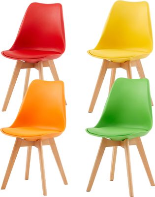 HJ_WeDoo Sada 4 jídelních židlí s bukovou nohou z masivního dřeva, skandinávský design, 1 červená + 1 žlutá + 1 oranžová + zelená barva