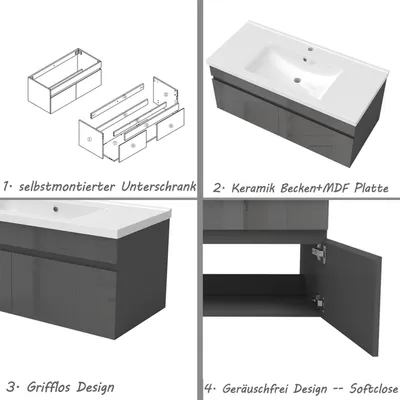 Produktbild von Waschtisch mit Unterschrank 100cm BERGEN Badmöbel Set Hochglanz Dunklegrau Keramik Waschbecken mit Unterschrank MDF Softclose