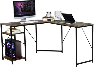 Productafbeelding van Famanu bureau, vintage, industrieel design, bruin, hout, zwart, metaal, MDF, 136 x 127 x 75 cm