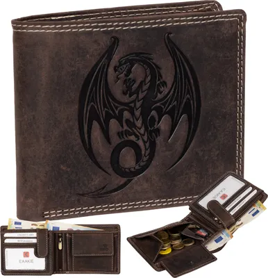 Produktbild von RFID Büffel Echt Leder Geldbörse Portemonnaie Herren mit geprägtem Motiv  Braun Querformat Drache