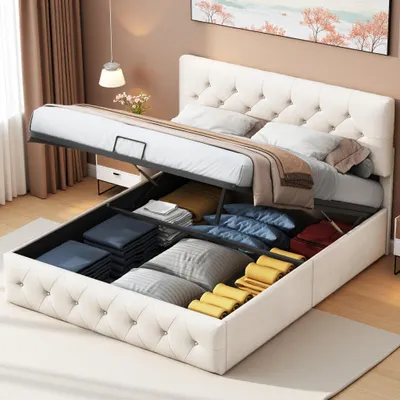 Produktbild von UnboxG Polsterbett 140x200 cm Beige mit Stauraum, Hydraulisches Doppelbett mit Höhenverstellbarem Kopfteil & Gasdruck, Aufbewahrungsbett mit Lattenrost – Modernes Schlafzimmerbett