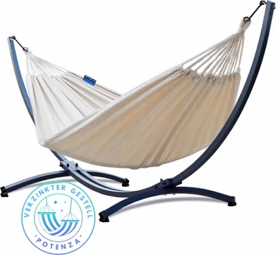 Produktbild von Potenza Outdoor Hängematte mit Verzinkter Gestell für 2 Personen I Baumwolle Doppelhängematte XXL 220x160, 200kg I Hängemattengestell 220kg, wetterfest