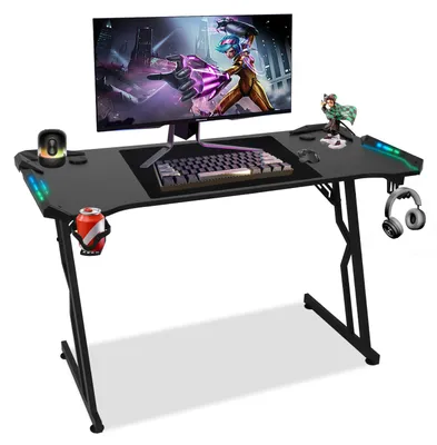 Image de Bureau gaming Izrielar, réglable en hauteur, 140 x 60 cm, éclairage LED, gestion des câbles, noir