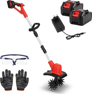 Produktbild von Vigevee Akku-Bodenhacke Elektro Gartenfräse Kultivator für Gartenarbeit Beetpflege Bodenlockerung mit 2 Akkus Set 400W
