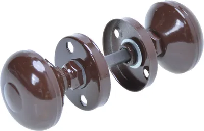 A set of disassembled brown doorknobs and their mounting hardware, displayed against a white background.