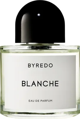A close-up studio shot of a Byredo Blanche Eau de Parfum bottle.